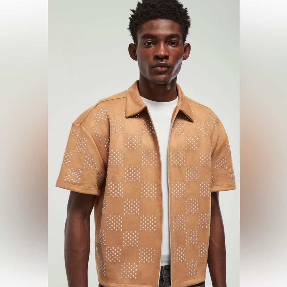 Boohoo Tan Studded‎ Zip-Up Shirt